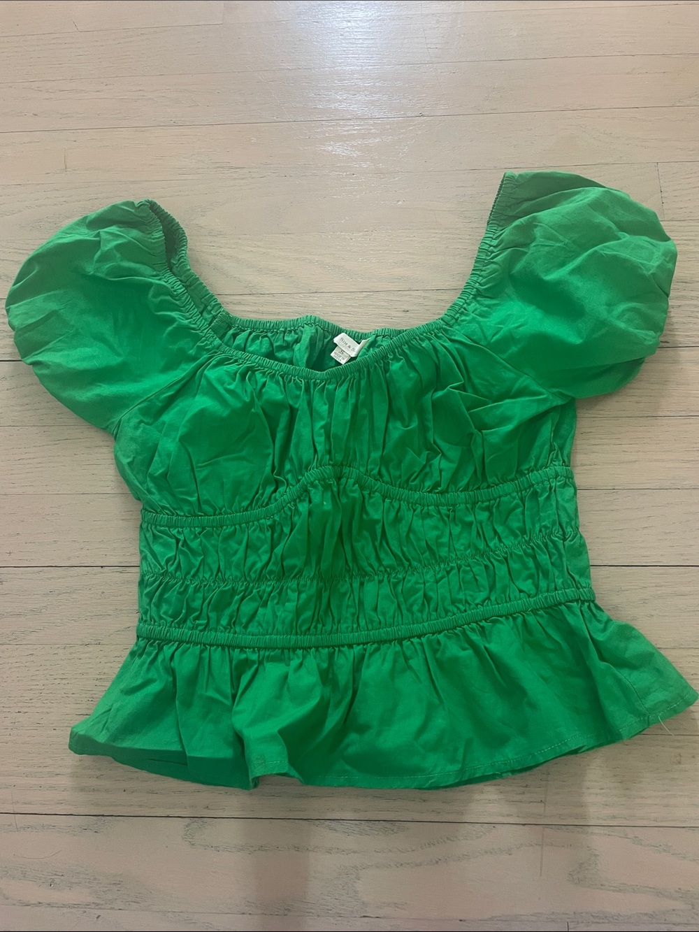 Smocked Peplum Puff-Sleeve Blouse in Bright Green